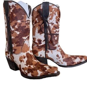 TONY LAMA White Brown Rust Cow Pony Print Calf Hair Western Cowgirl Leather Boot